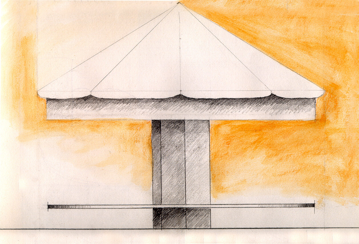 Pencil and ochre study of the Carousel canopy and column