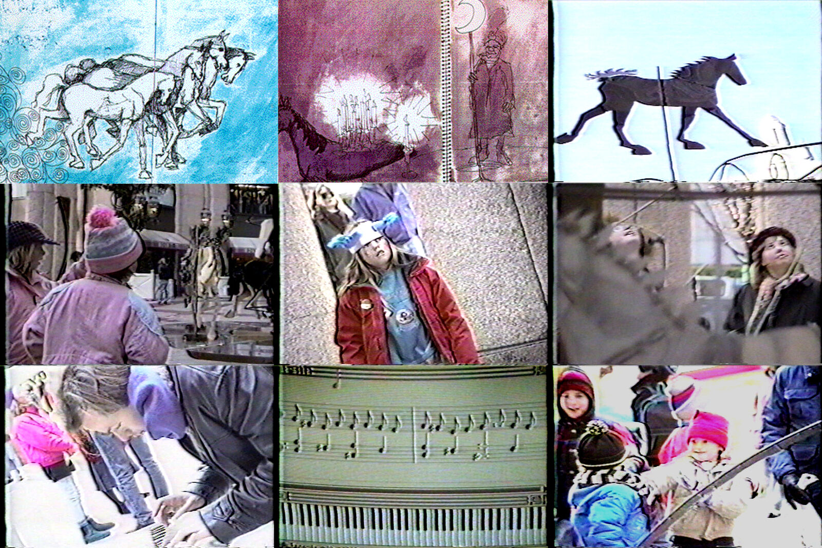 Collage of stills from the First Night performance in Boston: drawings of horses, audience members, a mirror wheel